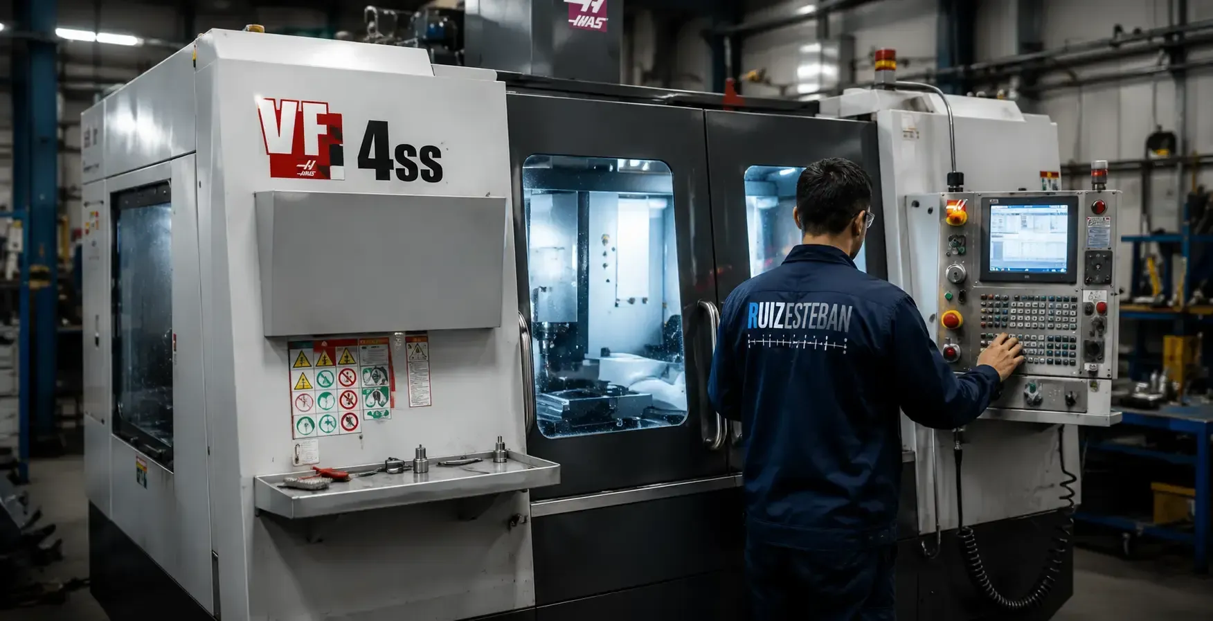Técnico operando una máquina CNC en una fábrica, con equipos y controles industriales a la vista.