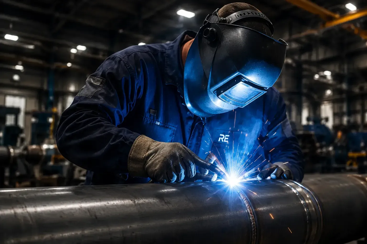 Soldador con traje de protección azul soldando una tubería de metal con chispas brillantes en un taller industrial.