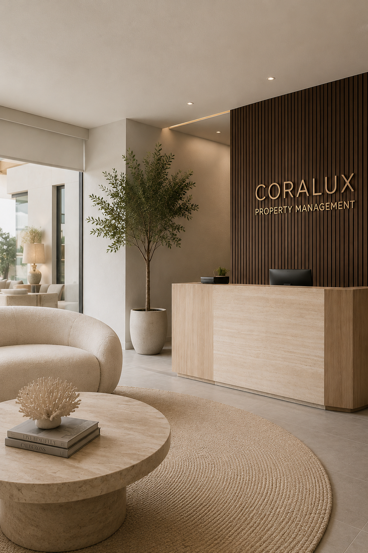 Modern beige spa reception with wood-paneled wall, curved seating, and potted tree; sign reads “CORALUX”