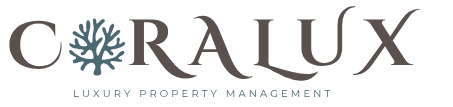 CORALUX luxury logo with a stylized coral icon in gray and blue-green