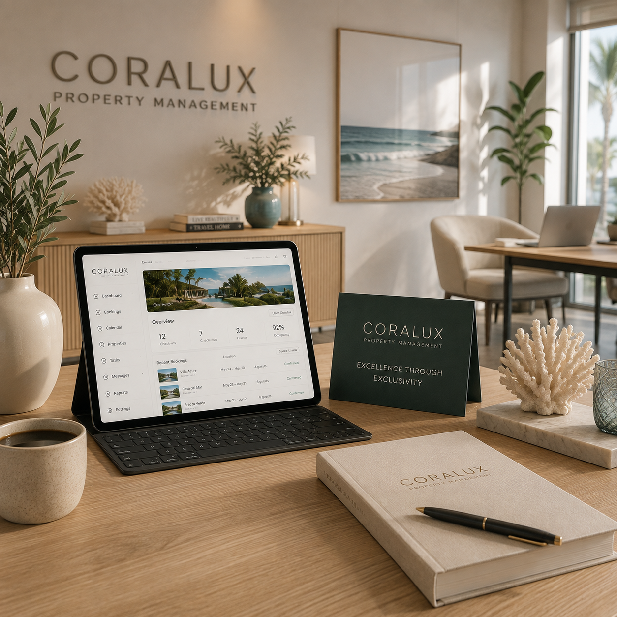 Modern desk with laptop, notebook, and coralux property management branding in a bright office setting
