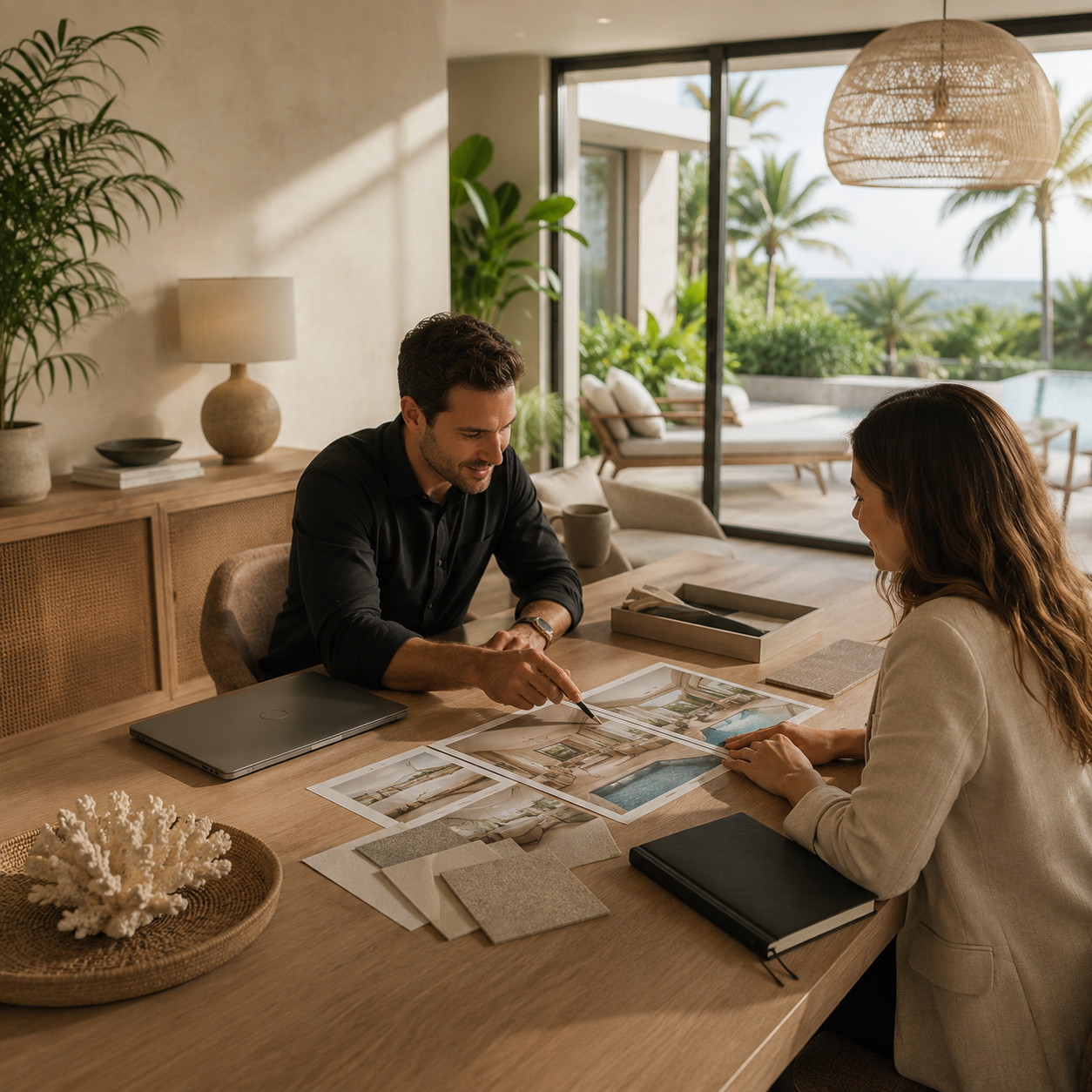 Two people review floor plans at a wooden table in a bright, coastal-style living room.