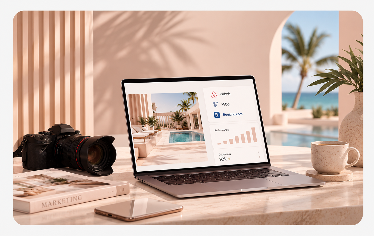 Camera and laptop on a desk by a bright window, with a beach view on the screen and a coffee cup nearby