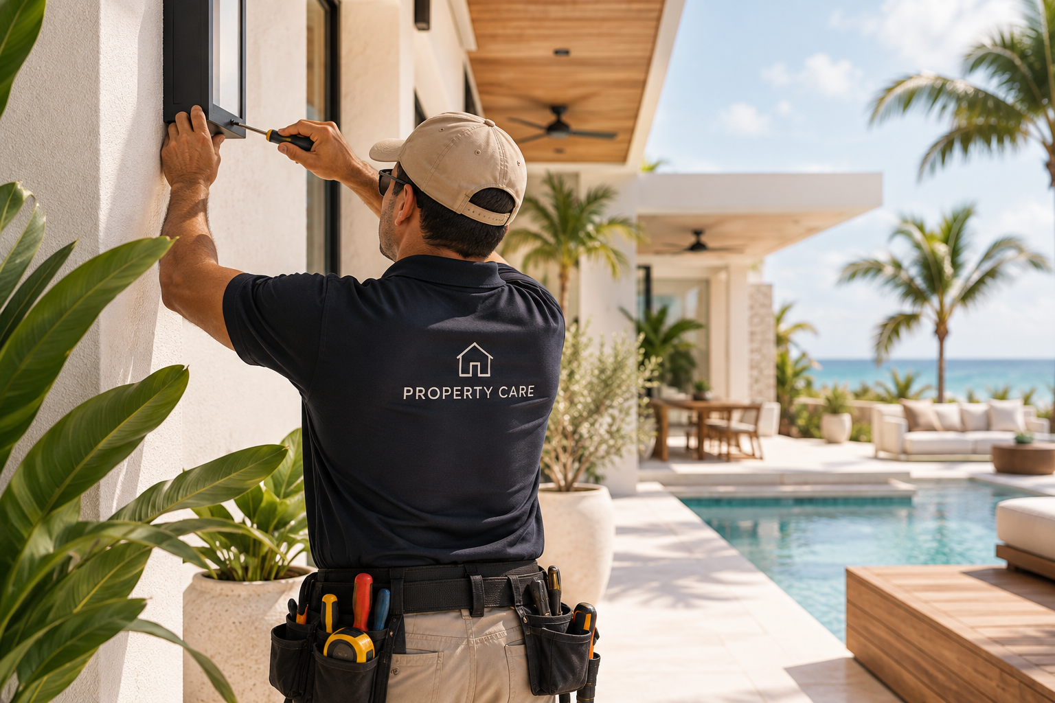 Technician installing a wall-mounted device on a poolside villa patio