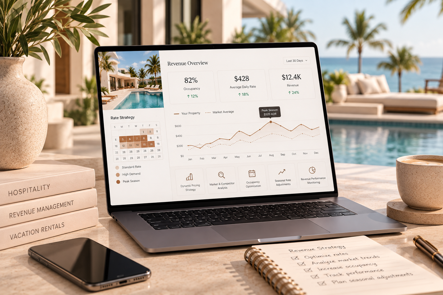Laptop on a patio table displaying analytics, with a phone, notebook, and poolside resort view nearby