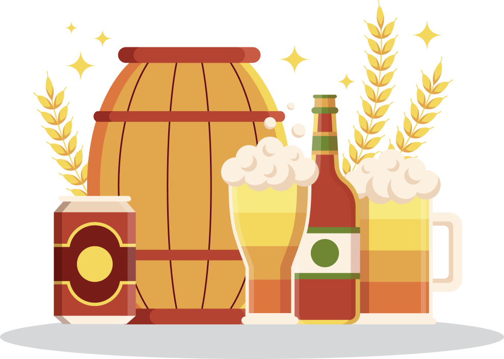 Un fût de bière, une canette de soda, une bouteille et deux verres de bière mousseuse