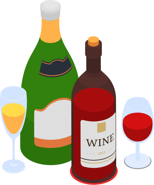 bouteille de champagne et bouteille de vin rouge