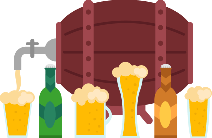 Un tonneau en bois muni d'un robinet versant de la bière dans un verre, entouré d'autres verres et de bouteilles de bière.