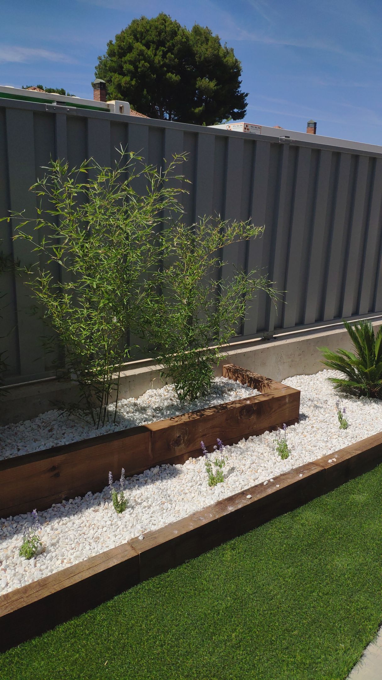 Un jardín con una valla y un árbol al fondo.