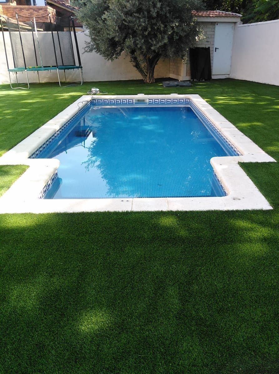 Una piscina con un trampolín en el patio trasero.