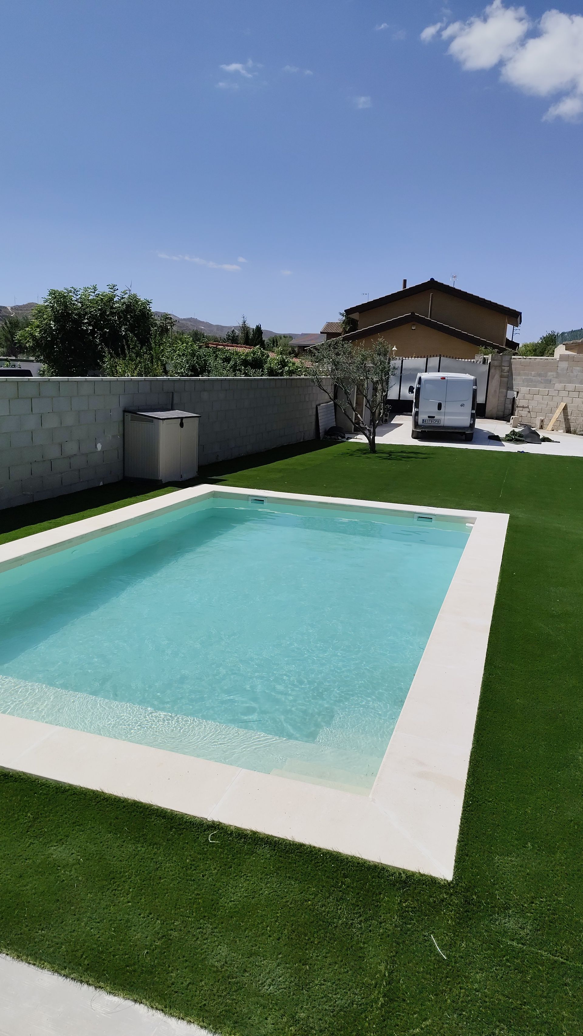 Una gran piscina rodeada de césped verde en un patio trasero.