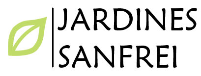 Un logotipo para jardines sanfrei con una hoja verde sobre fondo blanco.