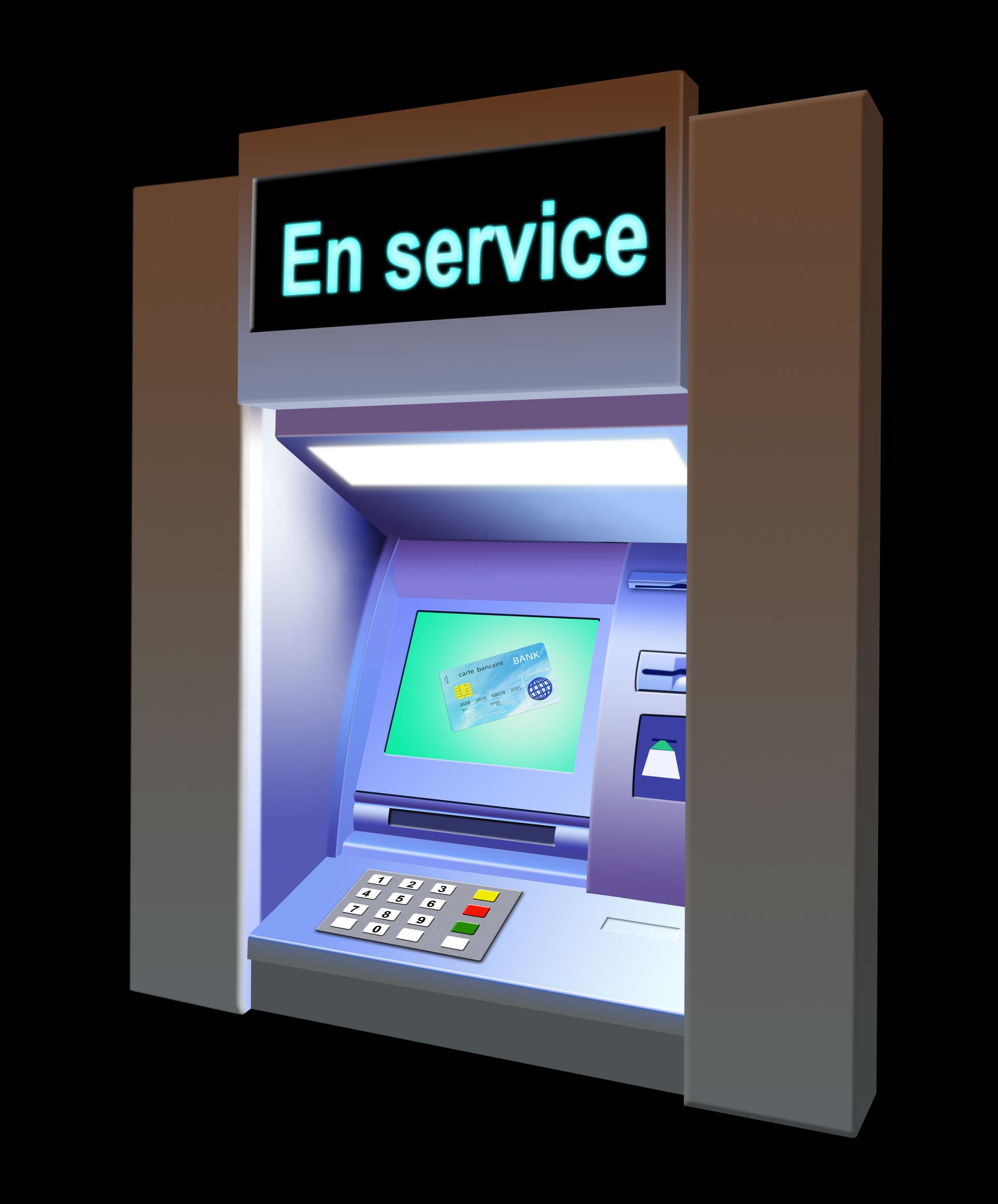 Distributeur automatique de billets, écran lumineux affichant En service. Clavier, fente pour carte et distributeur de billets visibles.