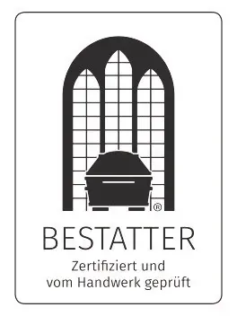 Logo for Bestatter (funeral home), featuring a coffin inside a gothic window. Text: