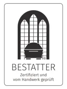 Logo for Bestatter (funeral home), featuring a coffin inside a gothic window. Text: 