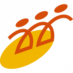 Drei orangefarbene Figuren sind auf einem orange-gelben Oval miteinander verbunden.