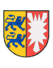 Wappen: goldenes Feld mit zwei blauen Löwen, rotes Feld mit weißem Sternenmuster.