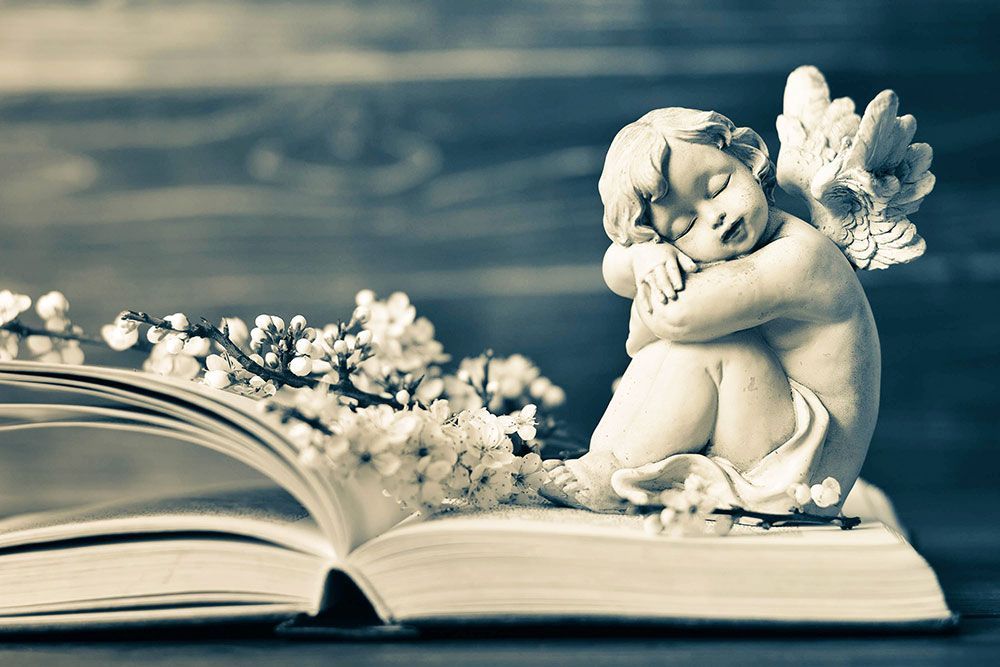 Schlafende Engelsstatue auf einem offenen Buch, neben einem blühenden Zweig. Monochrom.