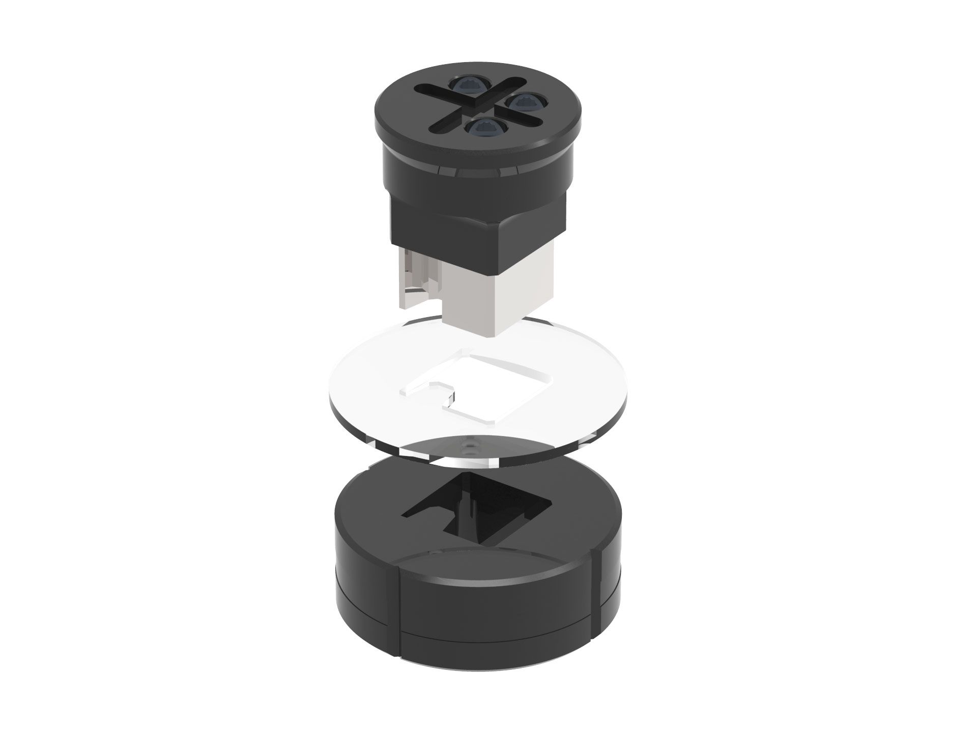 Eine schwarze Schraube mit einem Kreuz darauf liegt auf einer weißen Oberfläche.