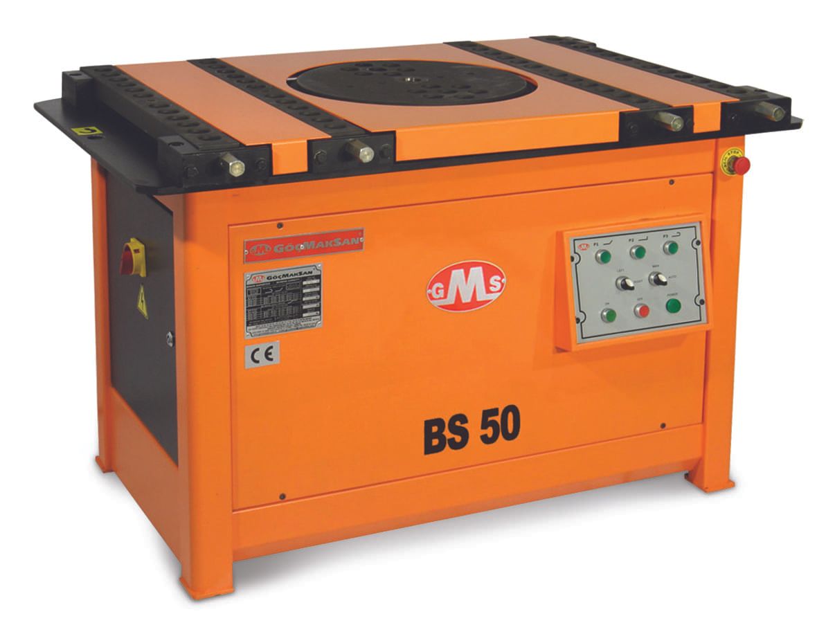 Orange BS 50 rebar bending machine with control panel, used for construction.