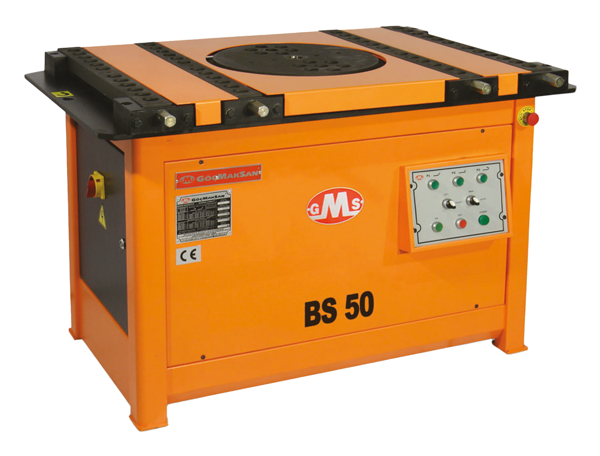 Orange rebar bending machine, labeled