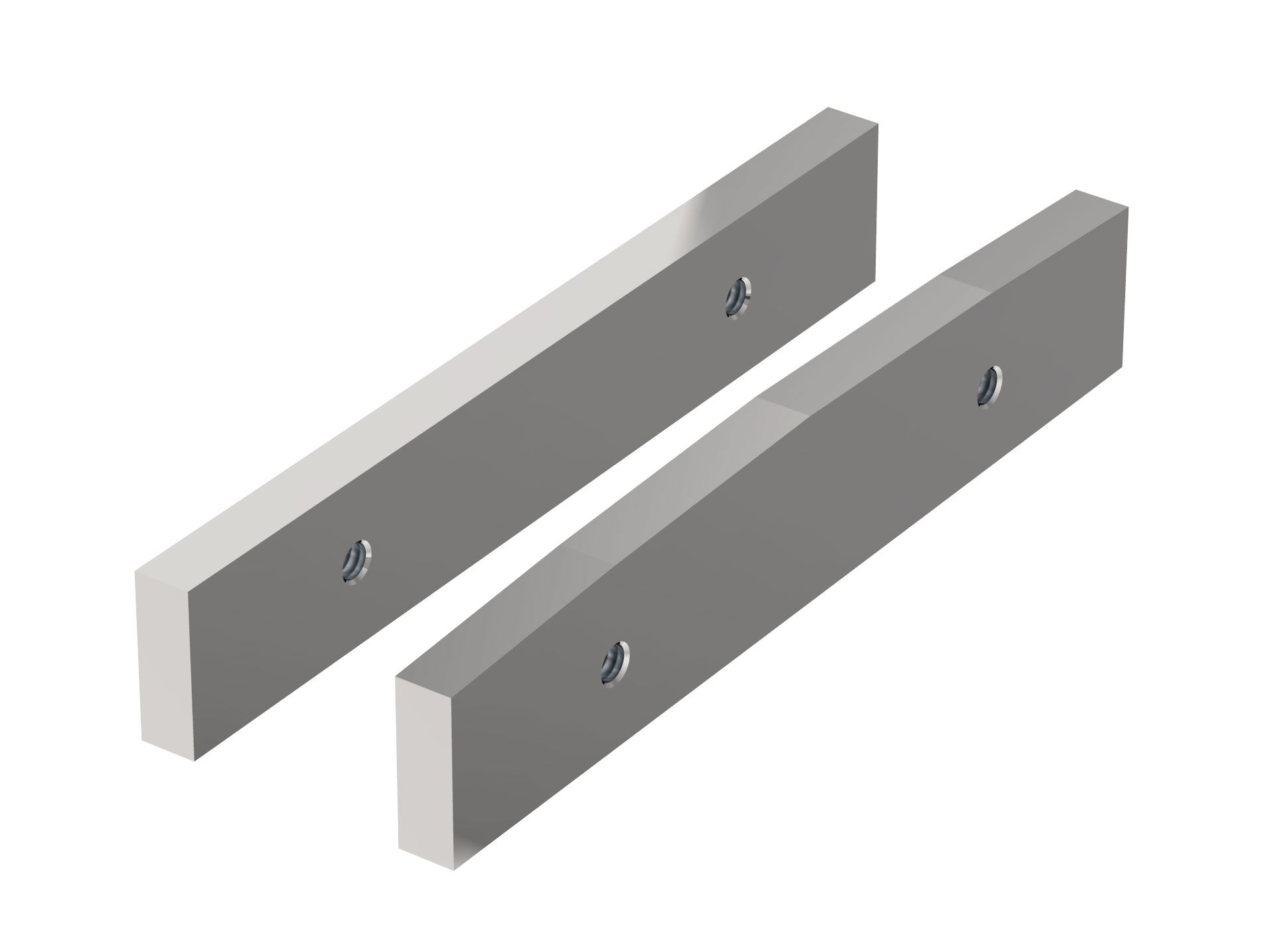 Ein Paar Metallstangen mit Schrauben auf weißem Hintergrund.