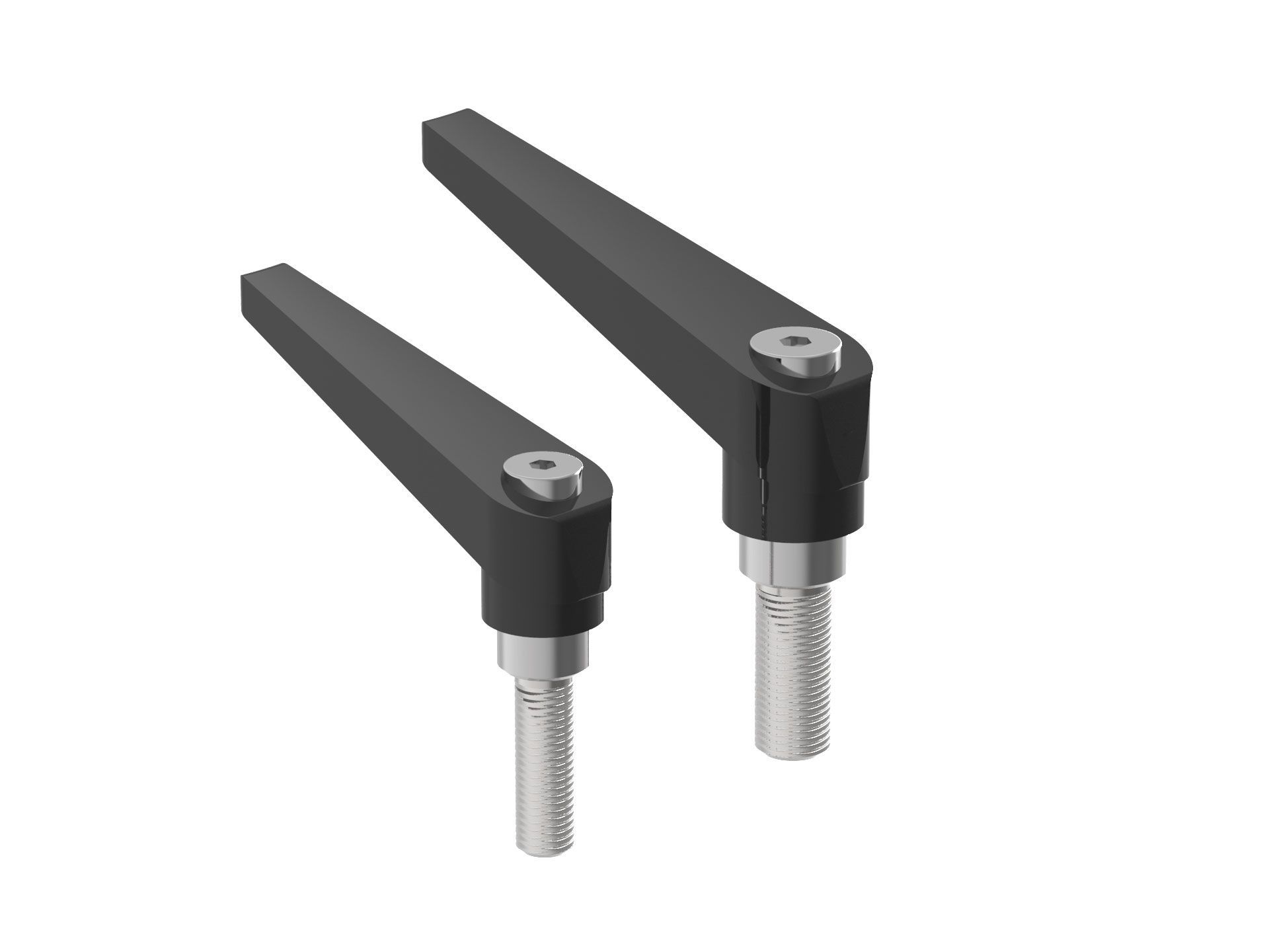 Ein Paar schwarze Griffe mit daran befestigten Schrauben auf weißem Hintergrund.