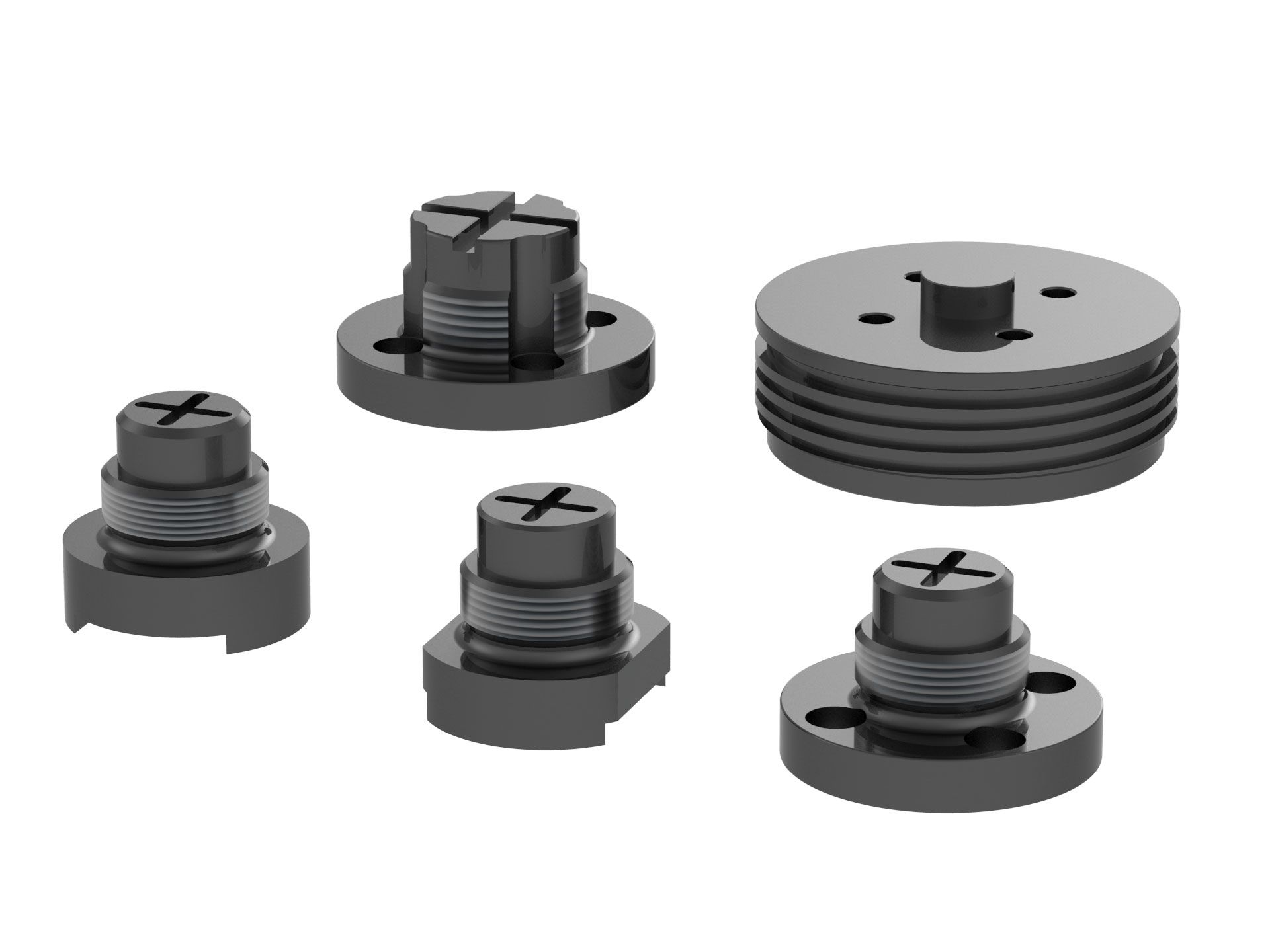 Auf weißem Hintergrund sind viele verschiedene Arten von Schrauben und Unterlegscheiben zu sehen.