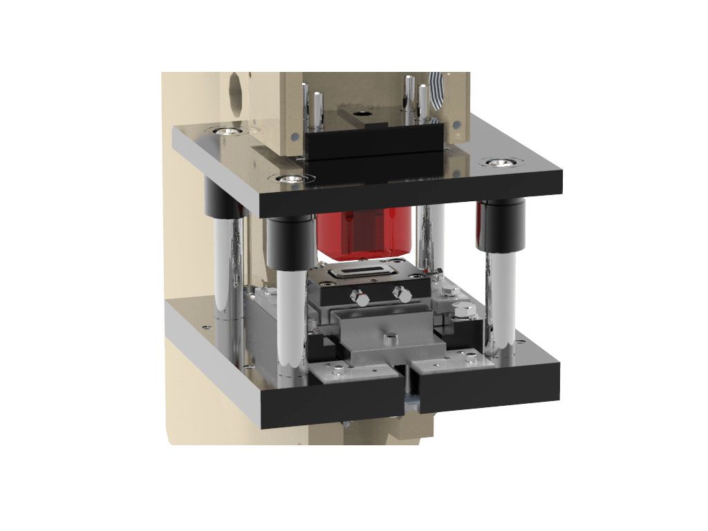 Ein 3D-Modell einer Maschine mit einem roten Objekt in der Mitte.