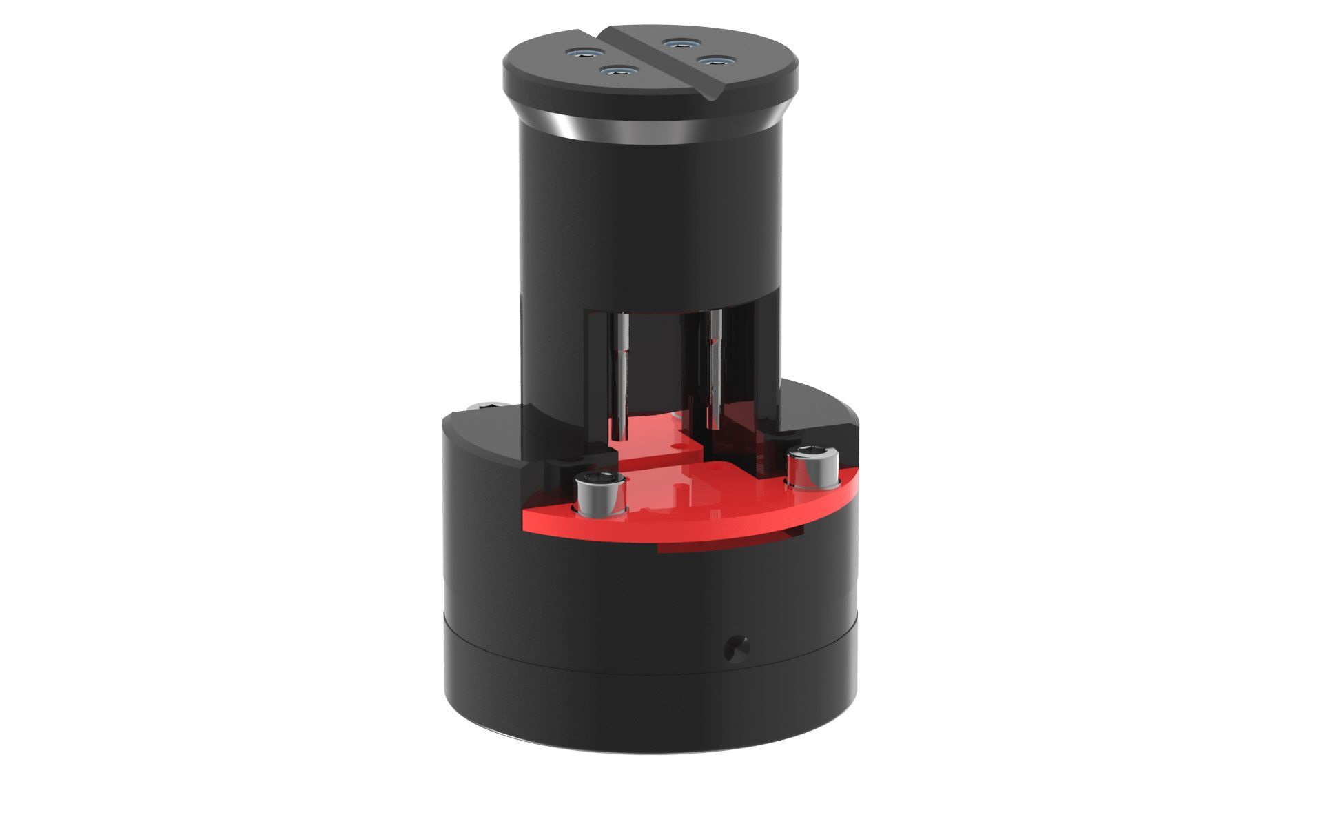 Ein schwarz-rotes Objekt liegt auf einer weißen Oberfläche.