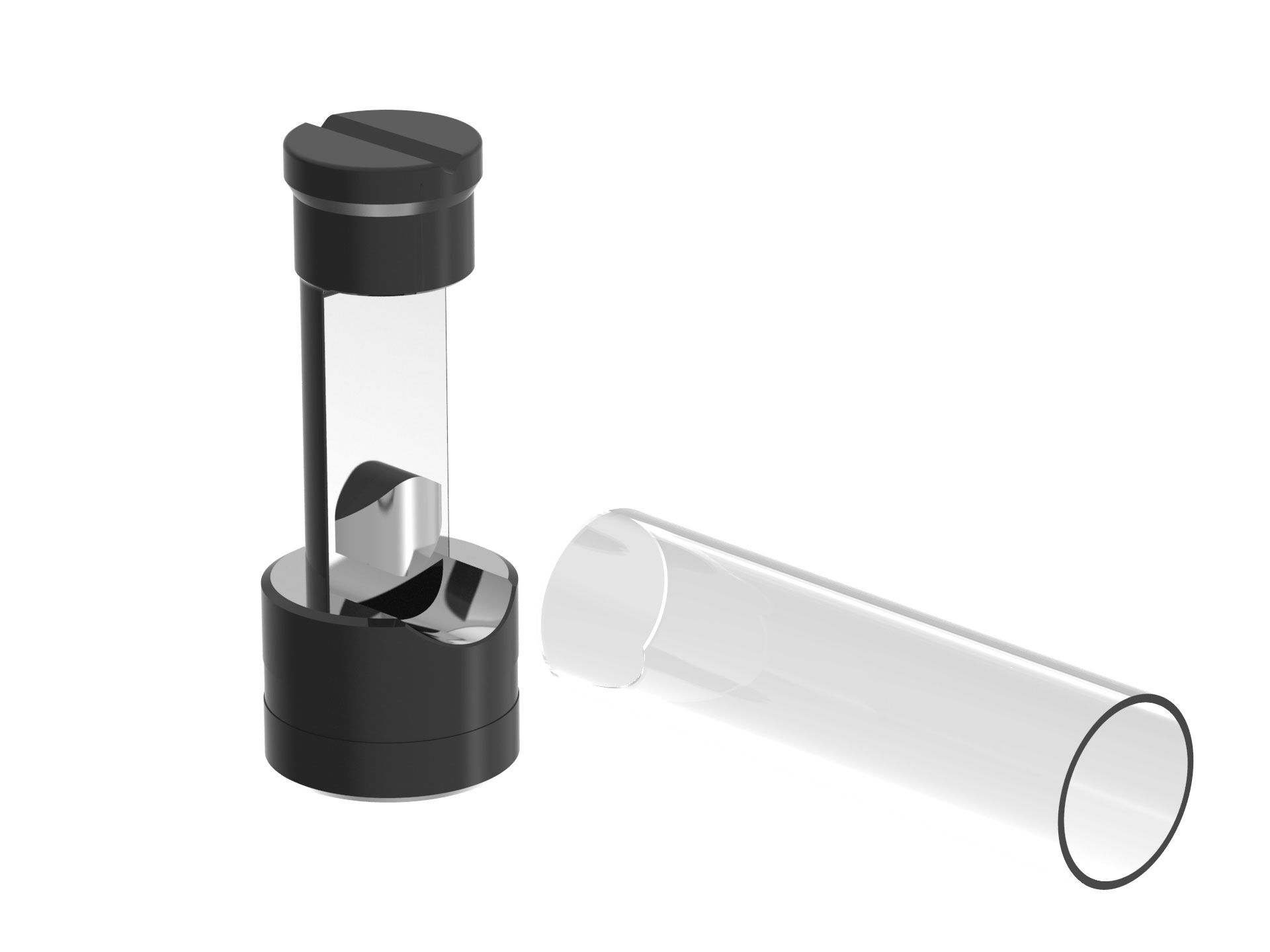 Ein Glasröhrchen mit schwarzer Kappe und ein durchsichtiges Röhrchen mit schwarzer Kappe.