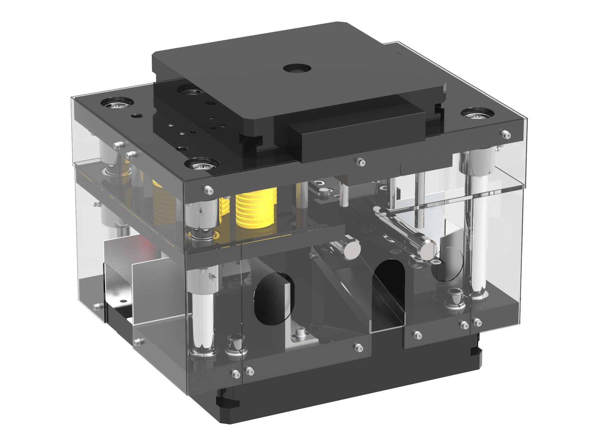 Ein computergeneriertes Bild eines Geräts in einem durchsichtigen Gehäuse auf weißem Hintergrund.