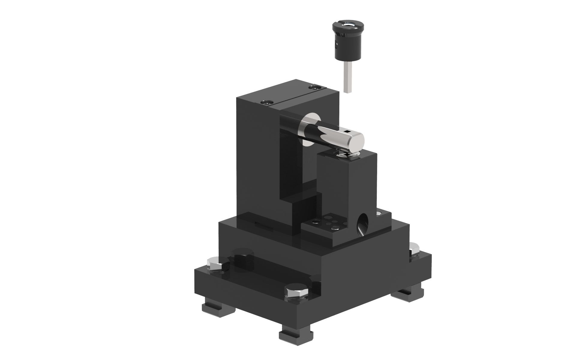 Eine schwarze Maschine mit einer Schraube darauf auf weißem Hintergrund.