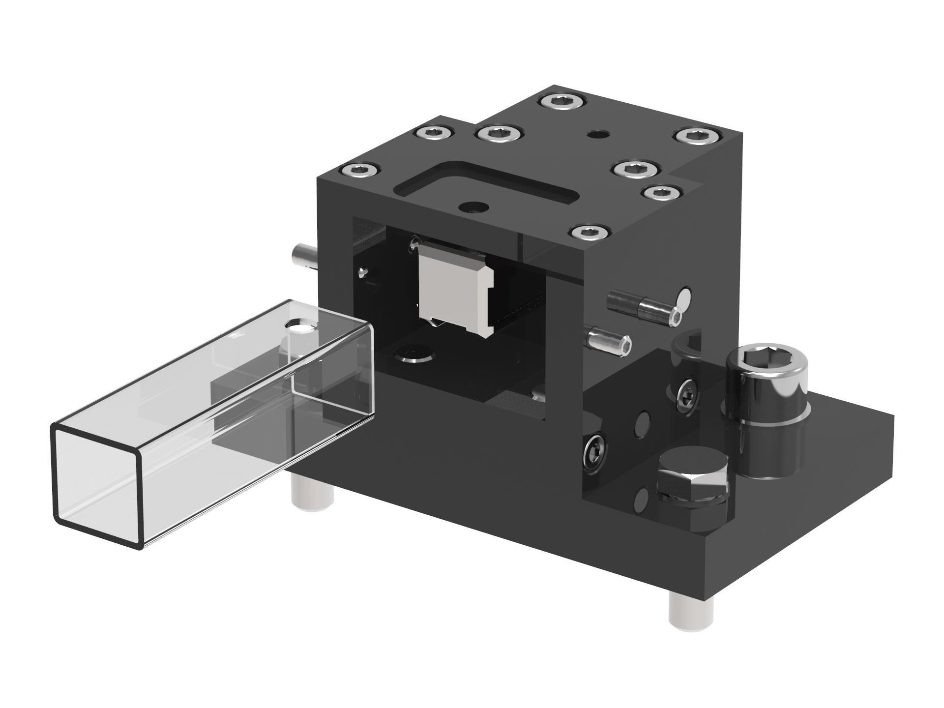Eine Zeichnung einer Maschine mit einem daran befestigten durchsichtigen Behälter.