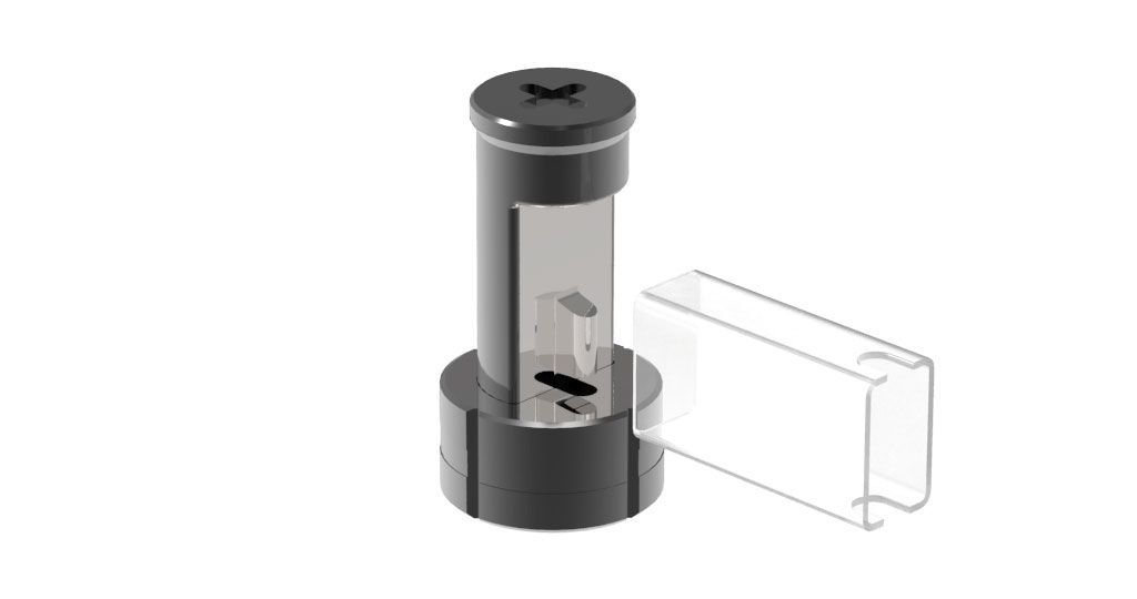 Ein schwarzer Zylinder mit einer durchsichtigen Kunststoffabdeckung auf weißem Hintergrund.