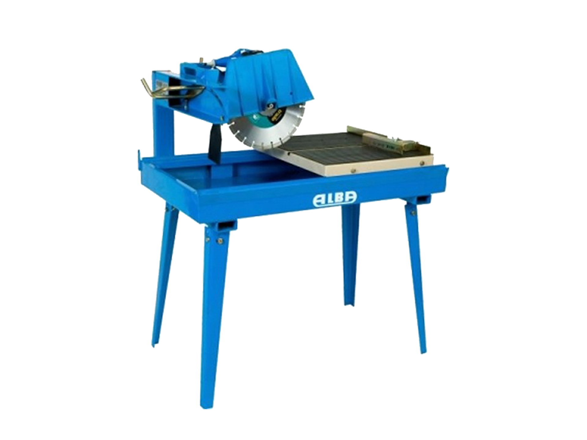 Eine blaue Tischkreissäge steht auf einer weißen Oberfläche.