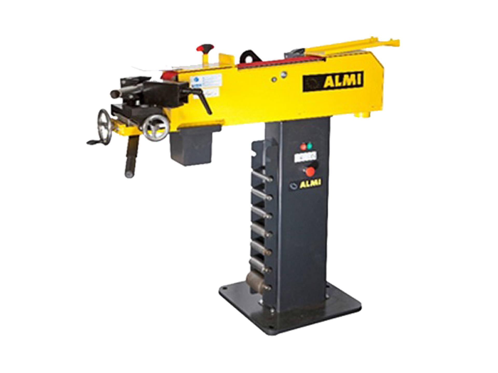 Eine gelb-schwarze Maschine steht auf einem Ständer auf weißem Hintergrund.