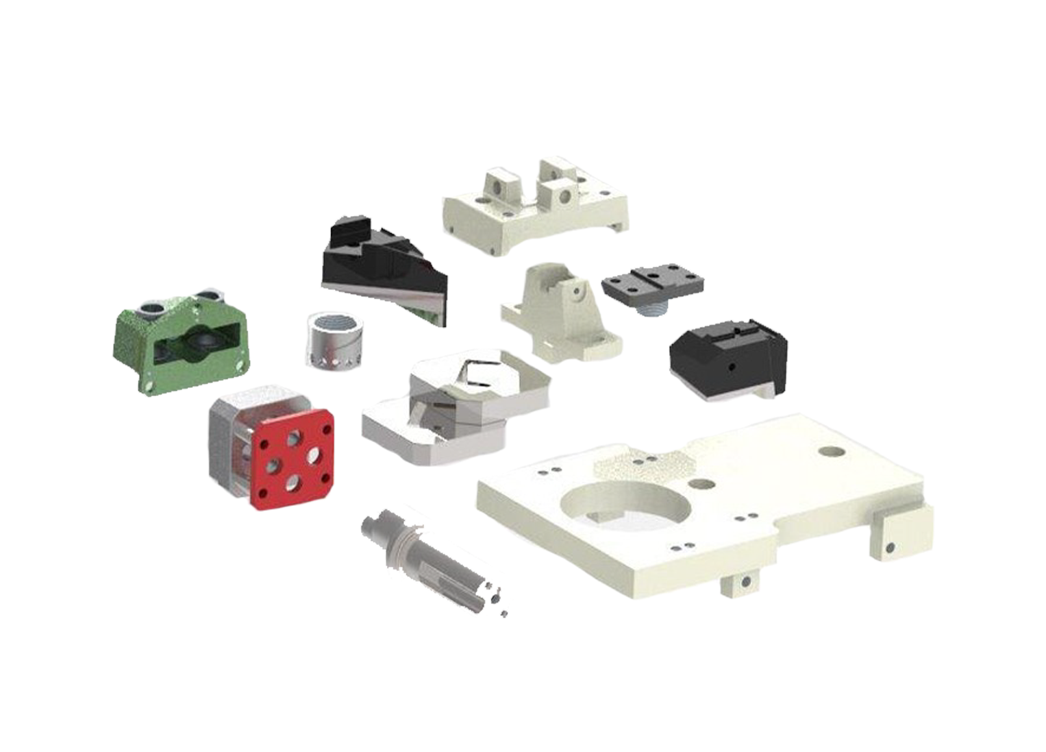 Eine Reihe unterschiedlicher Teiletypen liegen übereinander auf einer weißen Oberfläche.