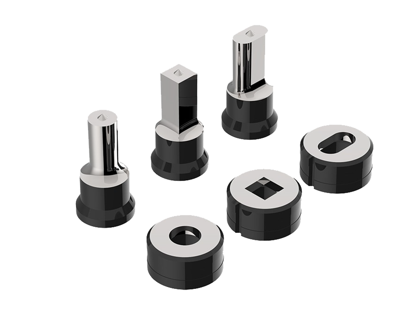 Eine Gruppe von Metallteilen liegt übereinander auf einer weißen Oberfläche.