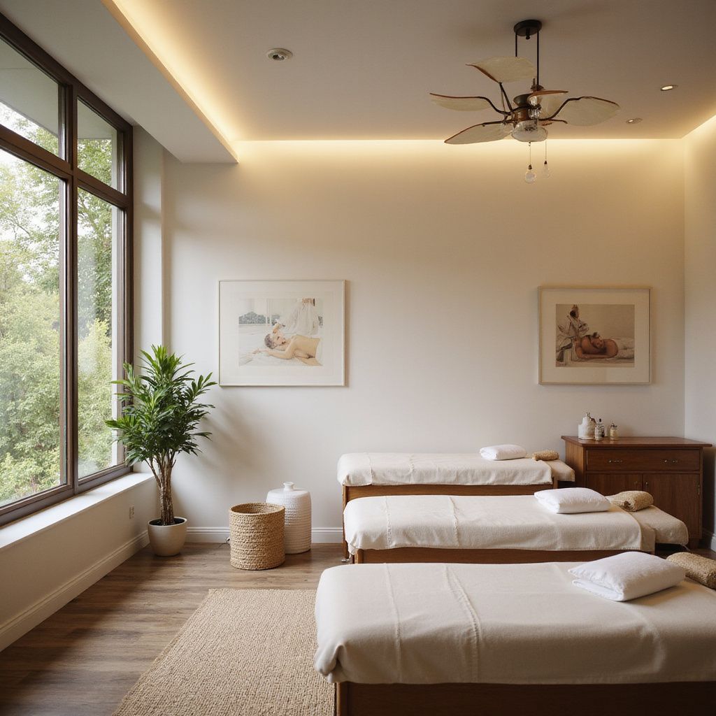 Gabinet masażu z trzema łóżkami, oknem i dziełami sztuki.