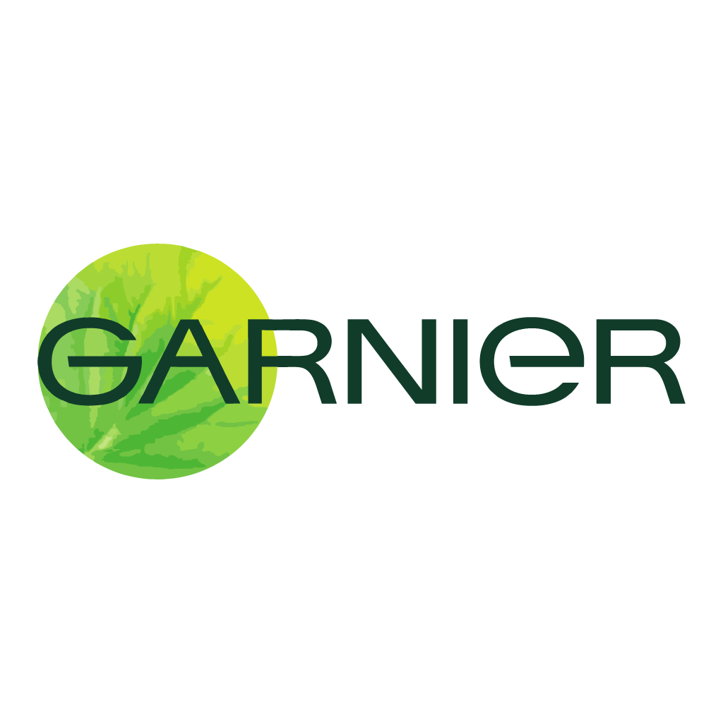 Logo Garnier z zielonym tekstem i zielonym okręgiem w kształcie liścia.