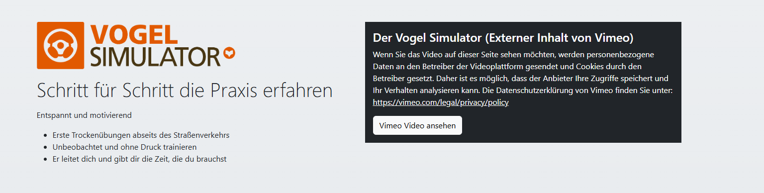 Startseite des VOCEL-Simulators mit Logo, blauem Hintergrund und dunklem Textfeld zur Bewerbung eines Schulungsmoduls