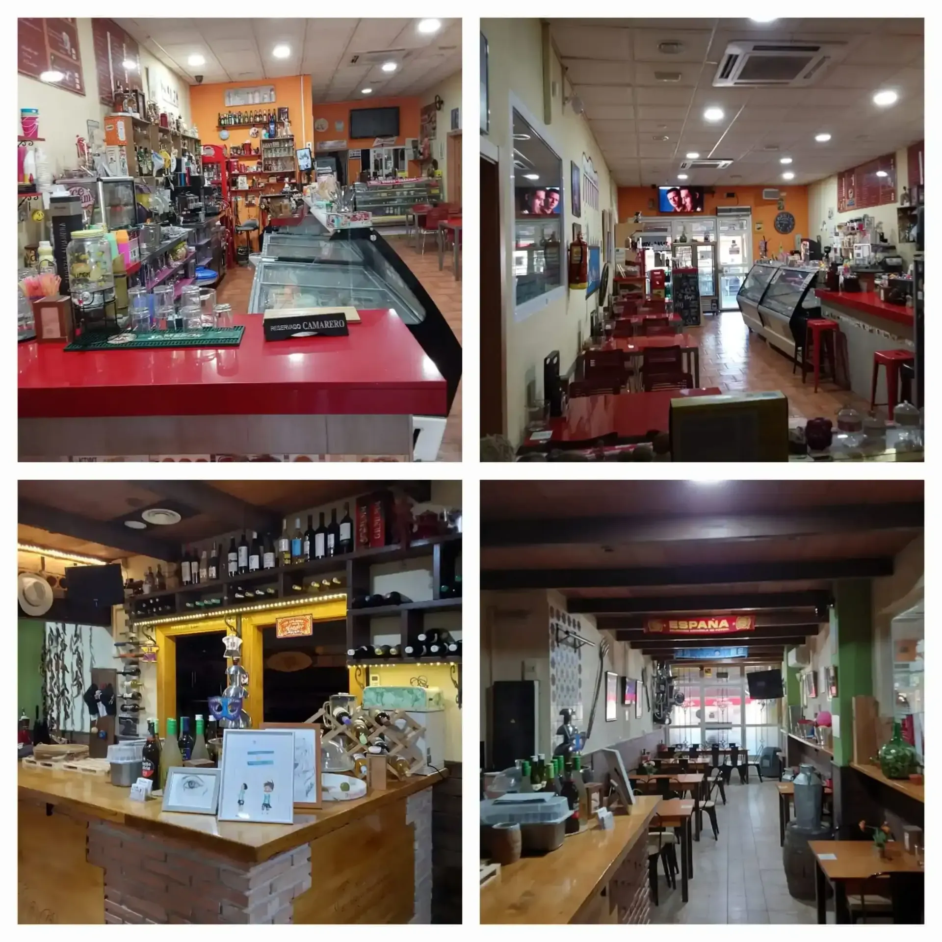 Terraza de cafetería con mesas y sillas bajo un toldo rojo junto a una acera y una carretera.