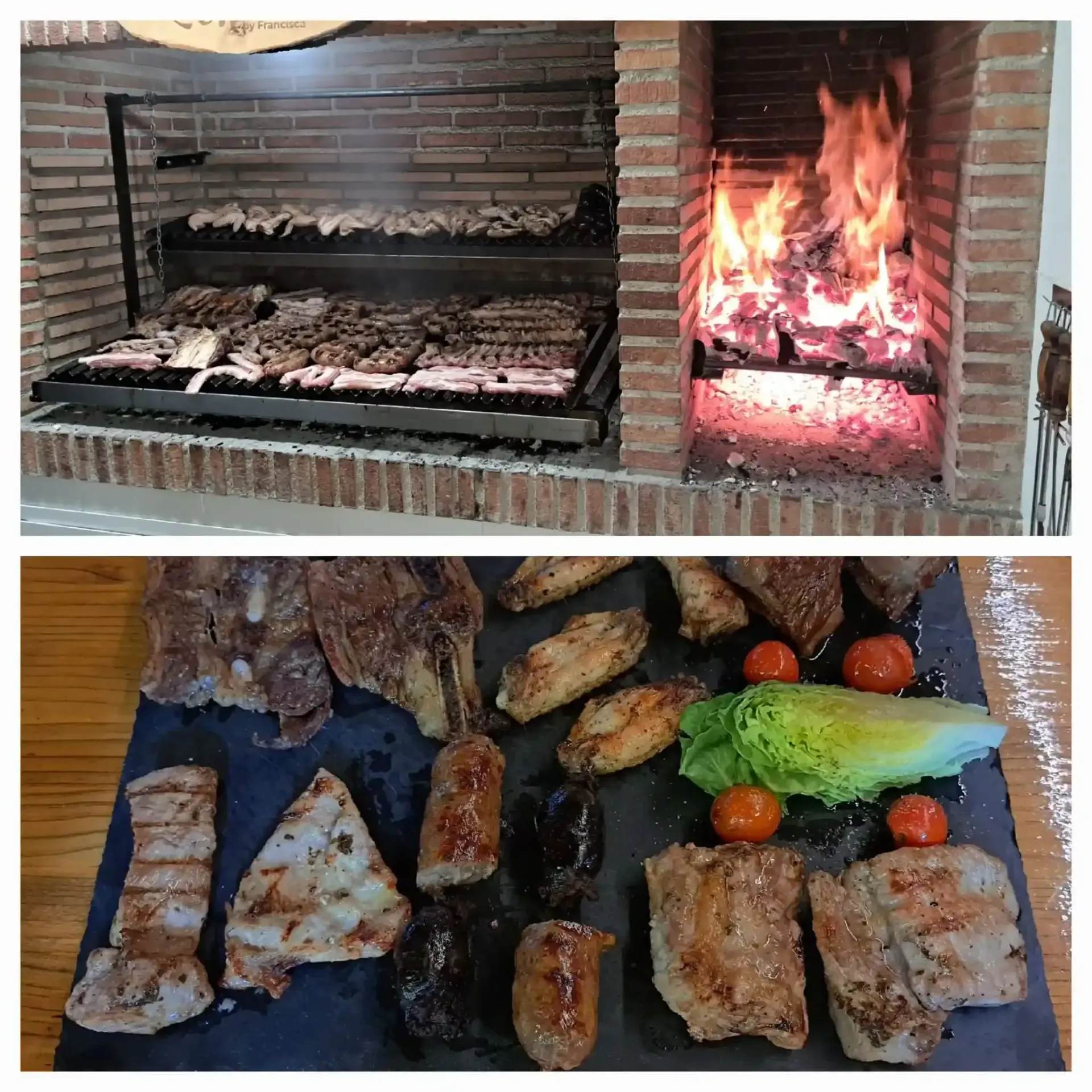 Rebanadas de bistec argentino a la parrilla sobre una tabla de madera con chimichurri