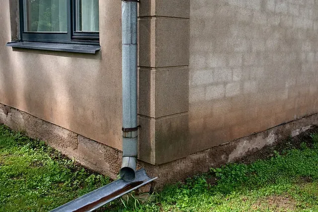 Un tubo de desagüe está fijado al costado de un edificio al lado de una ventana.