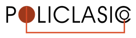 "POLICLASIC" con un círculo marrón reemplazando la letra "o" y una línea que lo conecta con la "C".