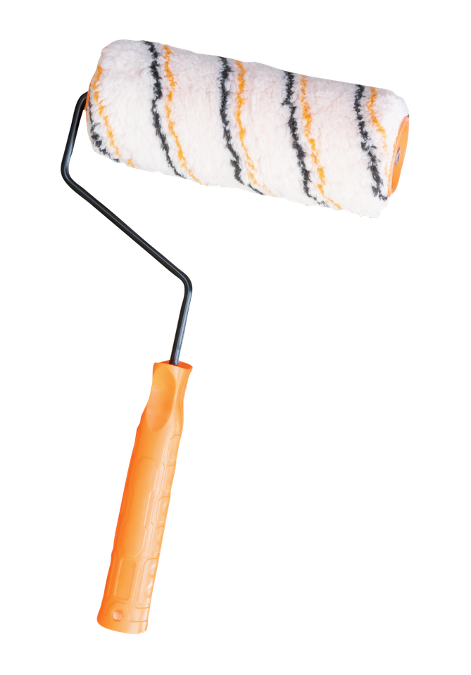 Rouleau à peinture avec manche orange et manchon en mousse blanche à rayures noires et orange