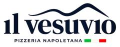 Logotipo para la pizzer&iacute;a Il Vesuvio, con colores estilizados de la monta&ntilde;a y la bandera italiana.