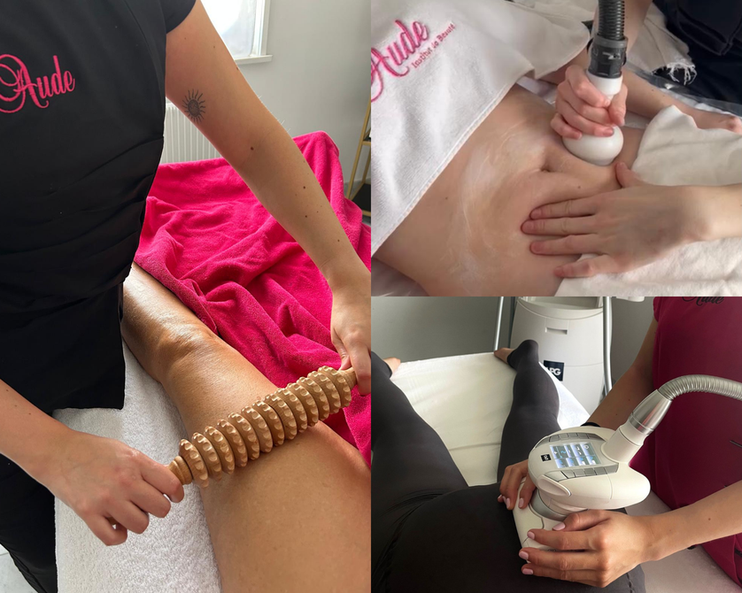 Une personne recevant un massage facial allongée sur une table de soin dans un spa.