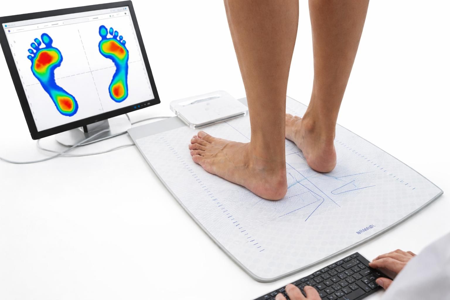 Un pie y un tobillo protésicos unidos a una pierna esquelética, apoyados sobre una plataforma en un entorno de laboratorio.